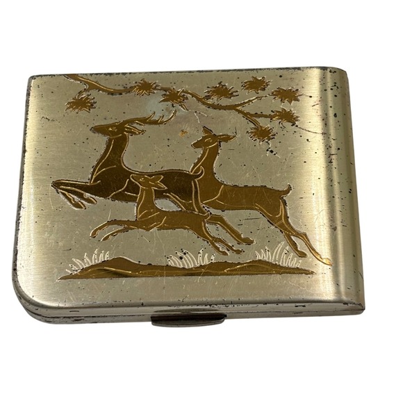 MCM Vintage Elgin American Powder Compact Deer Scene Gold Tone Collectible - Picture 1 of 9